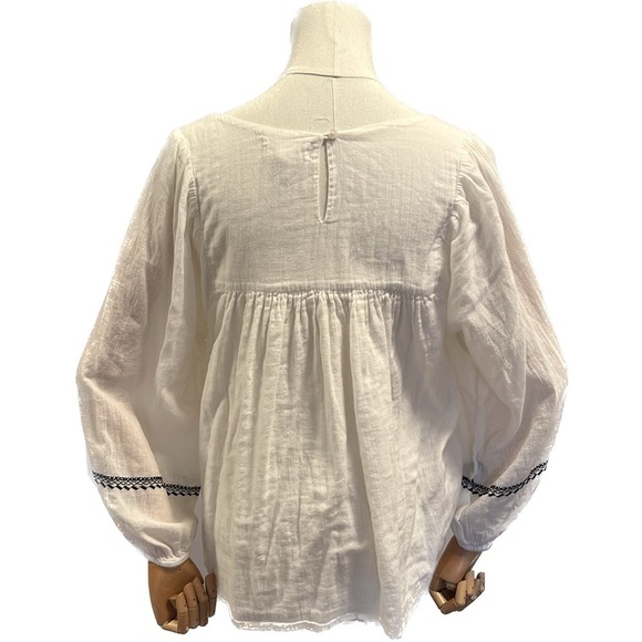 velvet by graham & spencer white blouse black embroidered boho gauze intricate - Picture 2 of 6